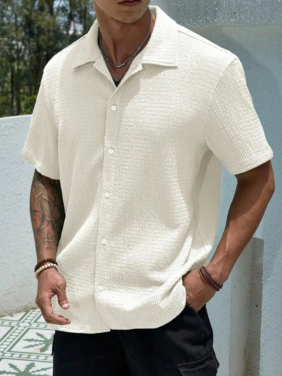 Men's Textured Knit Short Sleeve Button-Front Shirt, Loose Fit