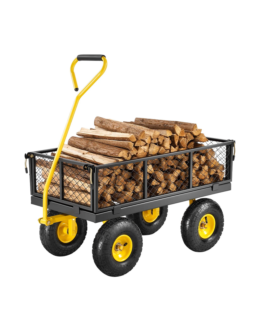 Steel Garden Cart Pullable on Wheels Mesh Removable Sides and Rotating Handle