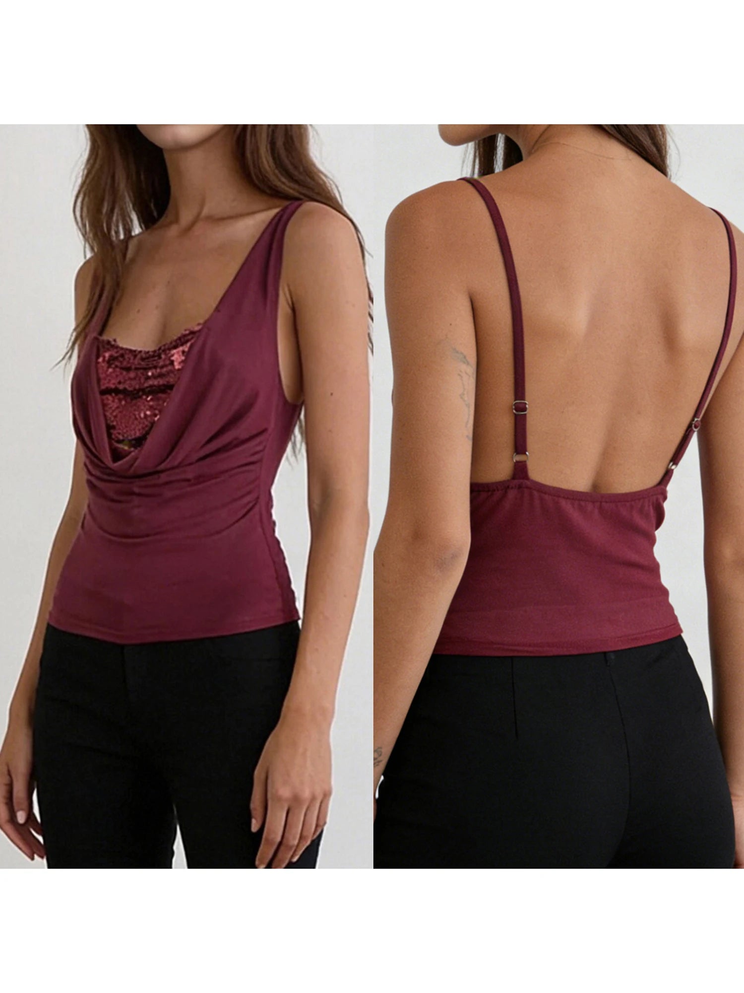 Women s Sleeveless Sequin Embellished Cowl Neck Tank Top with  Fit and Sparkly Detailing