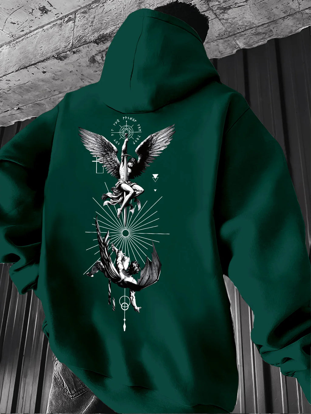 Men's Gothic Angel & Tarot Print Hooded Sweatshirt - Longr, Machine /Fall Layering (Tarot Card Design, Regular Fit)