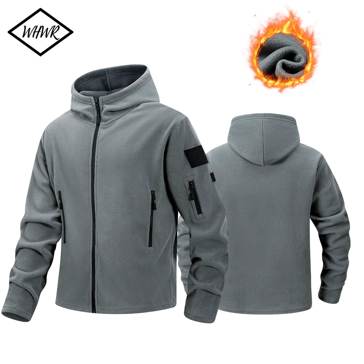 Men Fleece Hooded Jacket Full Zip Hoodie Multi Zipper Pockets Hook & Loop Patch Panel Coat Outdoor