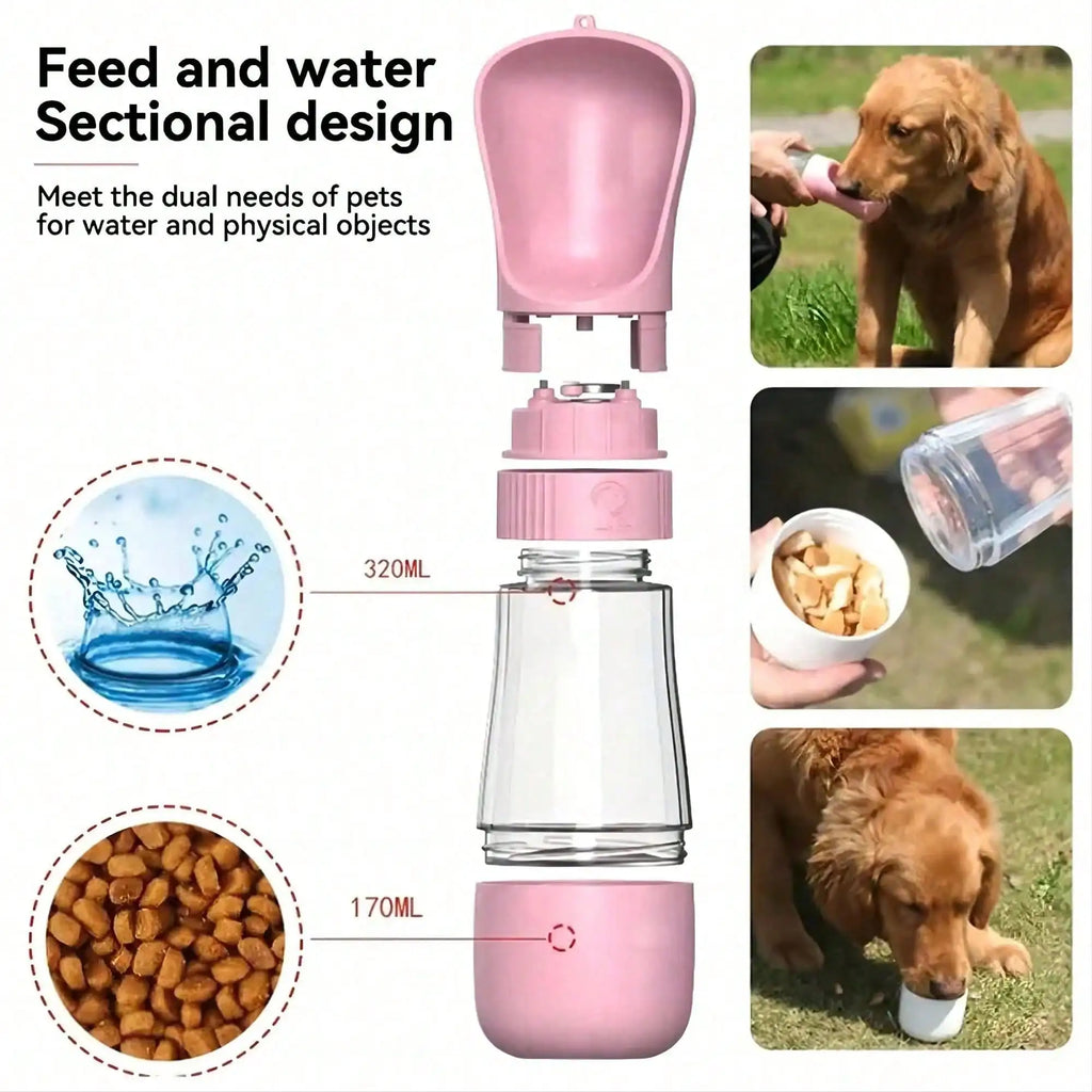 2 in 1 Dog Water Bottle Portable Pet Travel Water Food Container, 320ml Water 170ml Food / 330ml Single Water