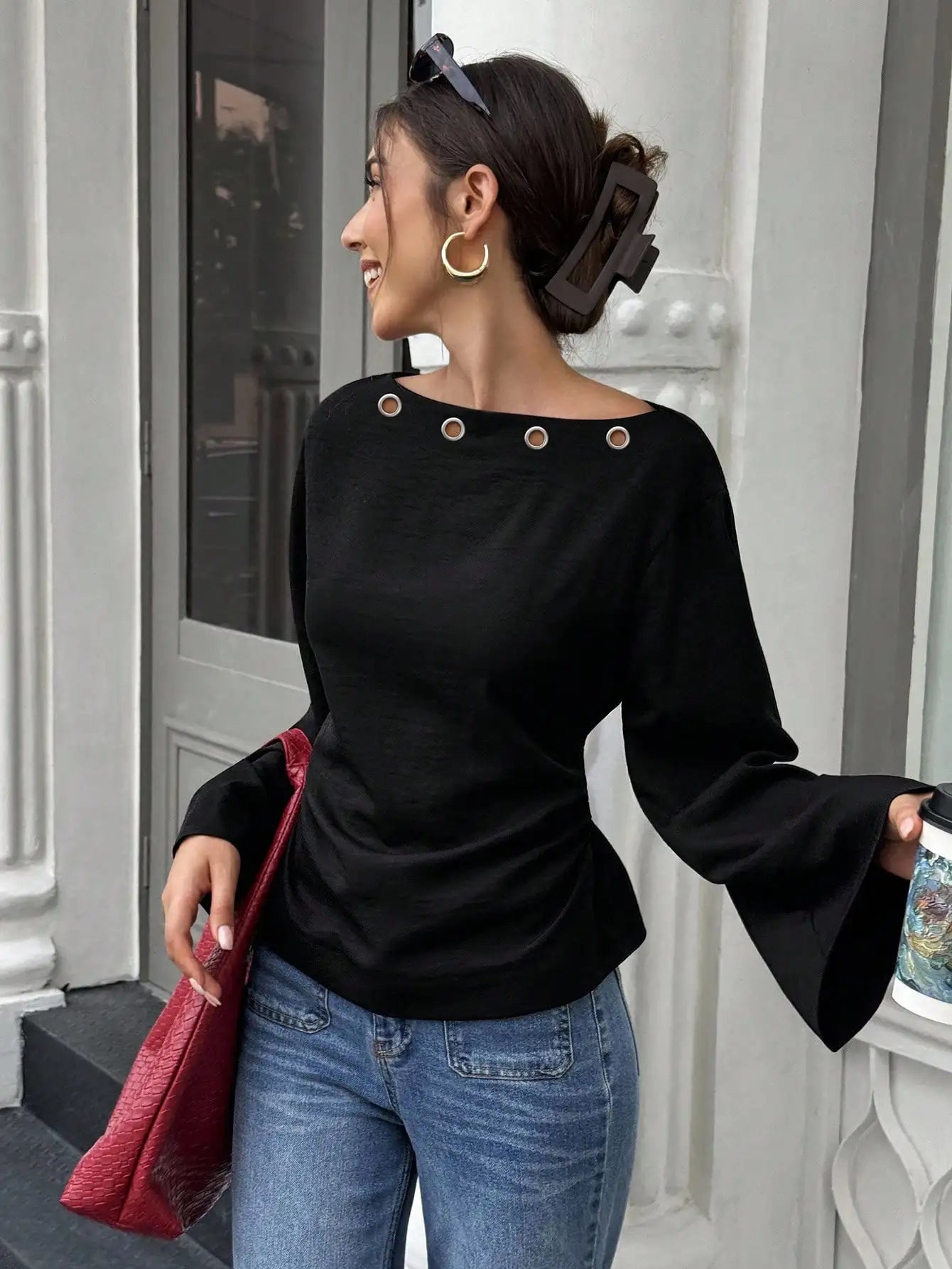 Women's Solid Black Waist-Cinched Flare Sleeve Blouse for Autumn