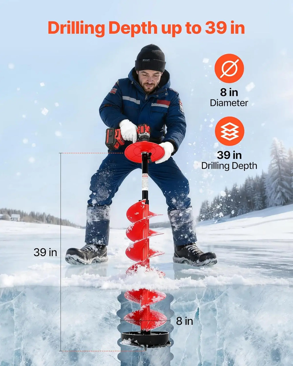 8-Inch Nylon Ice Auger Drill Bit, 39-Inch Length with Extension Rod and Accessories for Cordless Fishing