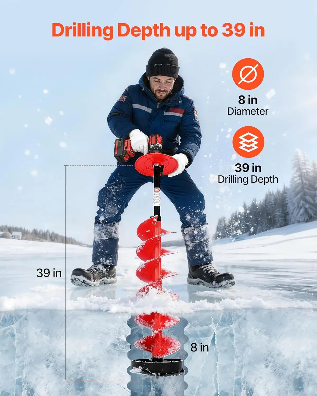 8-Inch Nylon Ice Auger Drill Bit, 39-Inch Length with Extension Rod and Accessories for Cordless Fishing