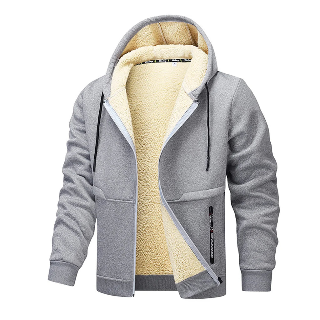 New men's solid color fleece-lined and thickened winter hooded drawstring sweatshirt cardigan, casual warm fleece-lined jacket