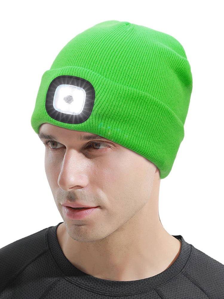 Winter Warm Knit Beanie 8 Hours High Powered Light 4 LED, USB Rechargeable Hands Free Headlamp Cap