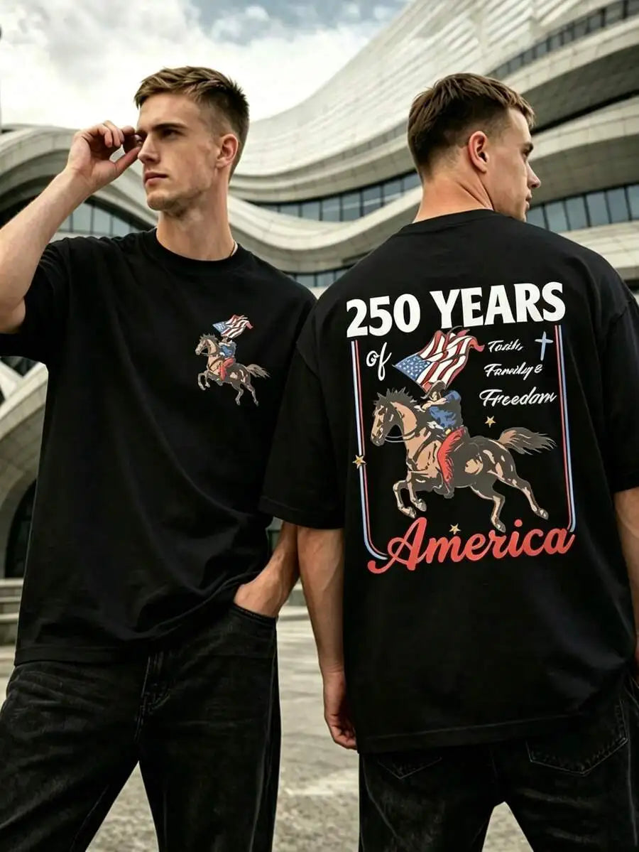Patriotic Cowboy Horse Graphic T-Shirt For Men Faith Family Freedom 4th Of July Cotton Tee