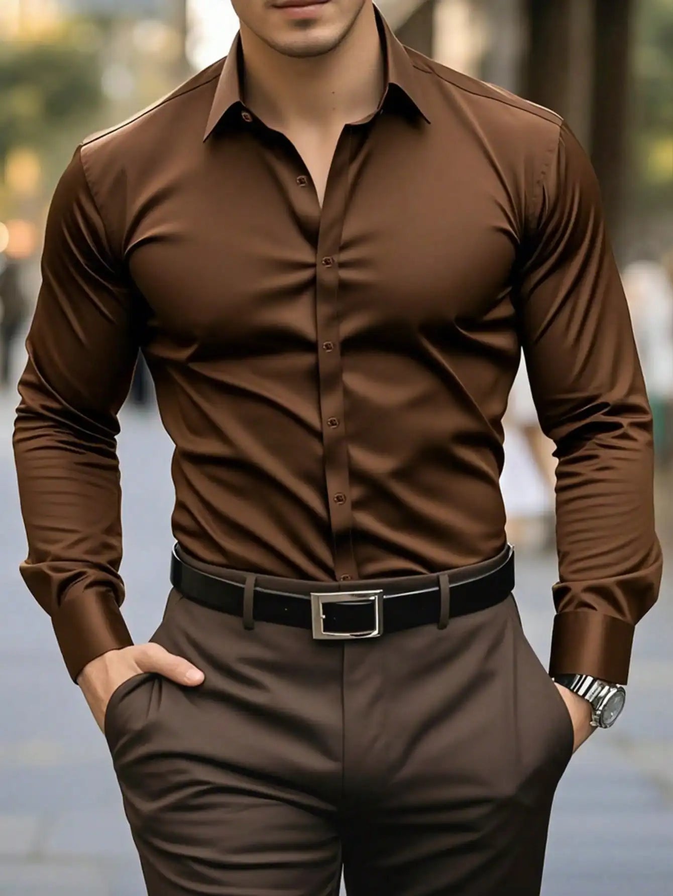 Men's Solid Long Sleeve Formal Dress Shirt