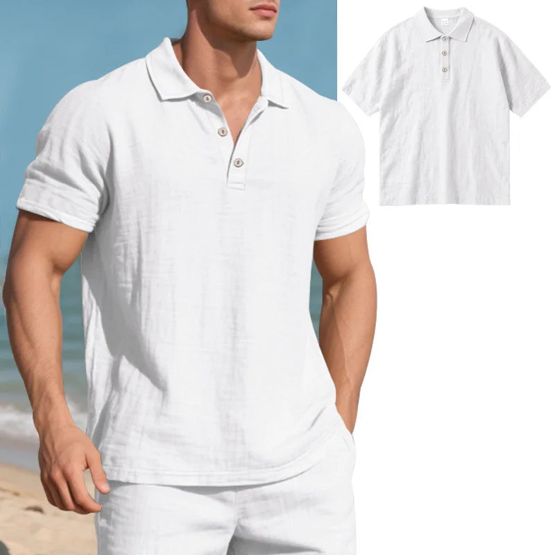 Men s Casual Short Sleeve Linen Shirt with Lapel Collar and Button Detail - Lightweight