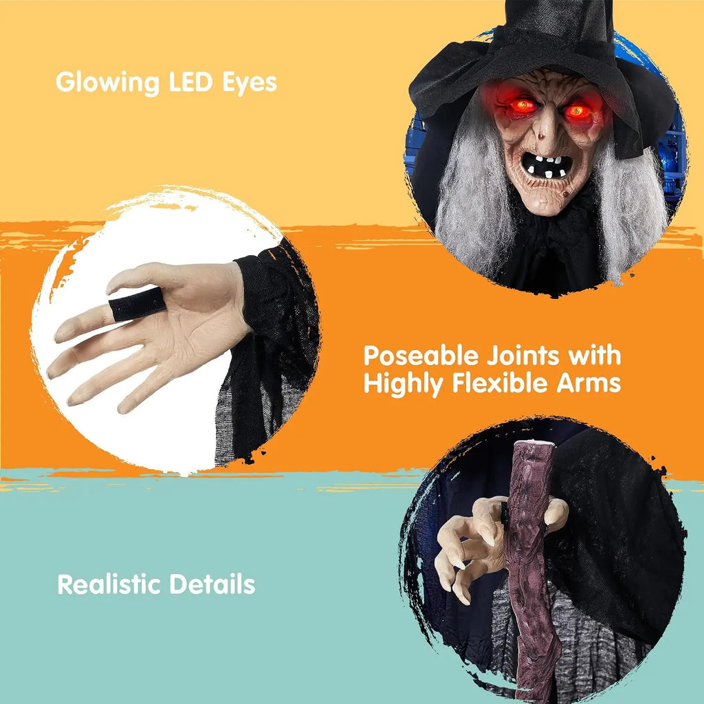 72" Animatronics Witch Outdoor Halloween Decorations with Cane Life Size with Creepy Sound and Light-up Eyes, Party Supplies