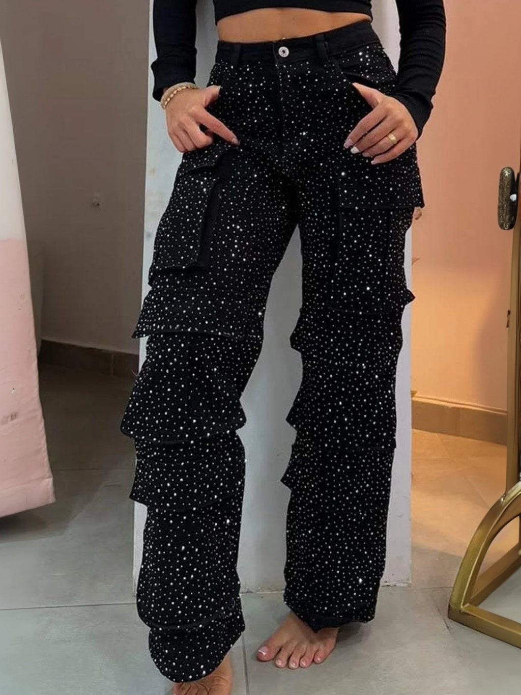 Waist Black Rhinestone Multi-Pocket Work Jeans, Street Style, Straight Jeans