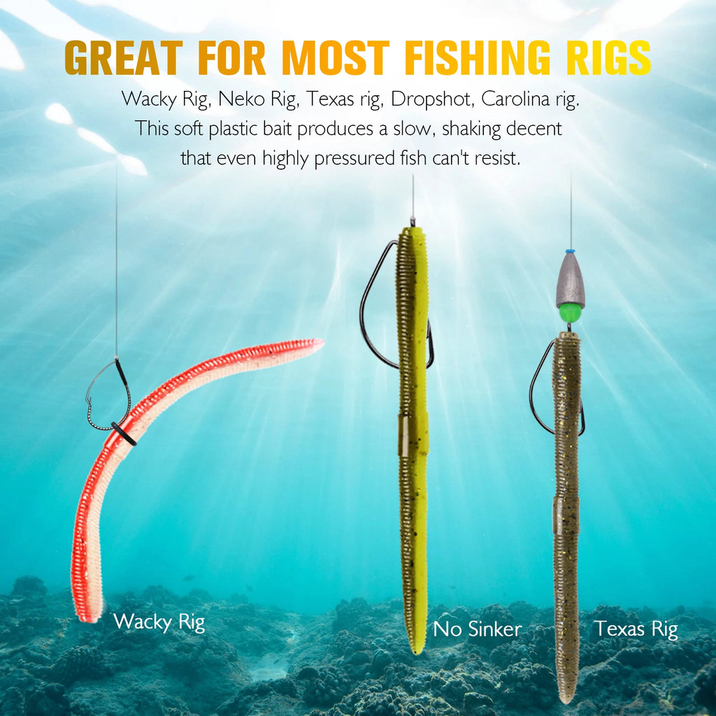 152Pcs Wacky Worm Kit for Bass Trout Fishing - Soft Plastic Baits, Bass Hooks,Weedless Jig Head, Wacky Rig Tool, O-Rings, Weight