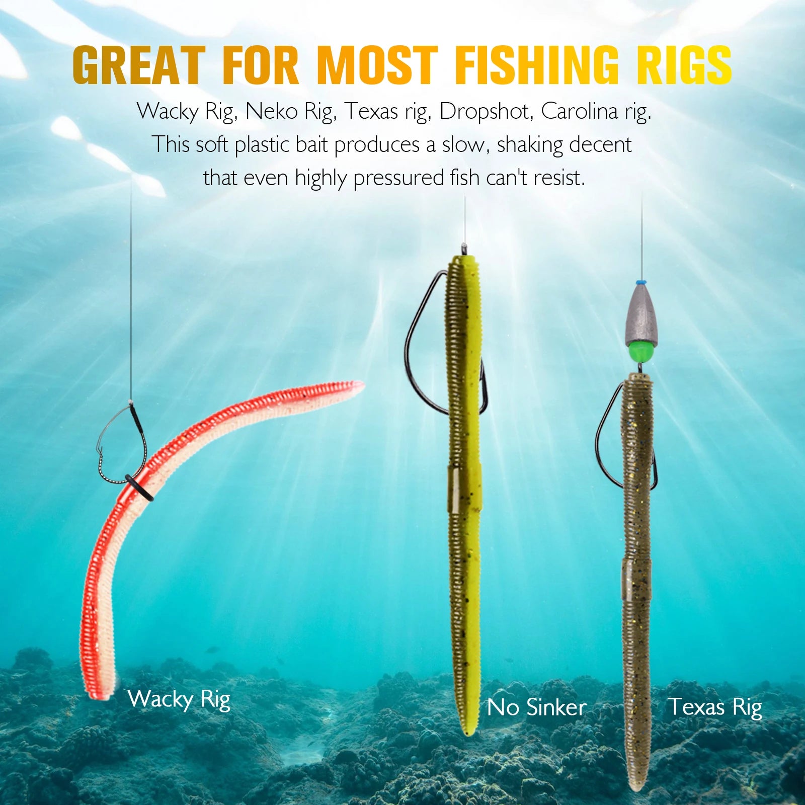 152Pcs Wacky Worm Kit for Bass Trout Fishing - Soft Plastic Baits, Bass Hooks,Weedless Jig Head, Wacky Rig Tool, O-Rings, Weight