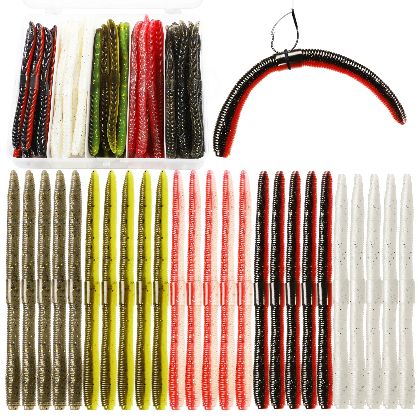 Dovesun 50PCS Wacky Worm for Bass Trout Fishing Worms Kit with Soft Plastic Baits