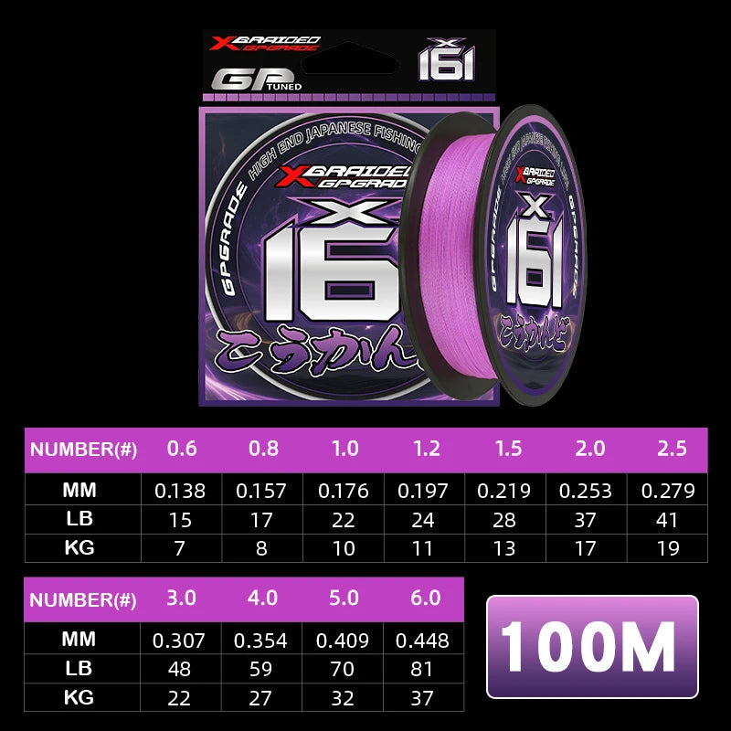 YGKPE X16 Braided Fishing Line 16 Strands Braid Purple100/150/200/300/500M PE Line Ultra Smooth