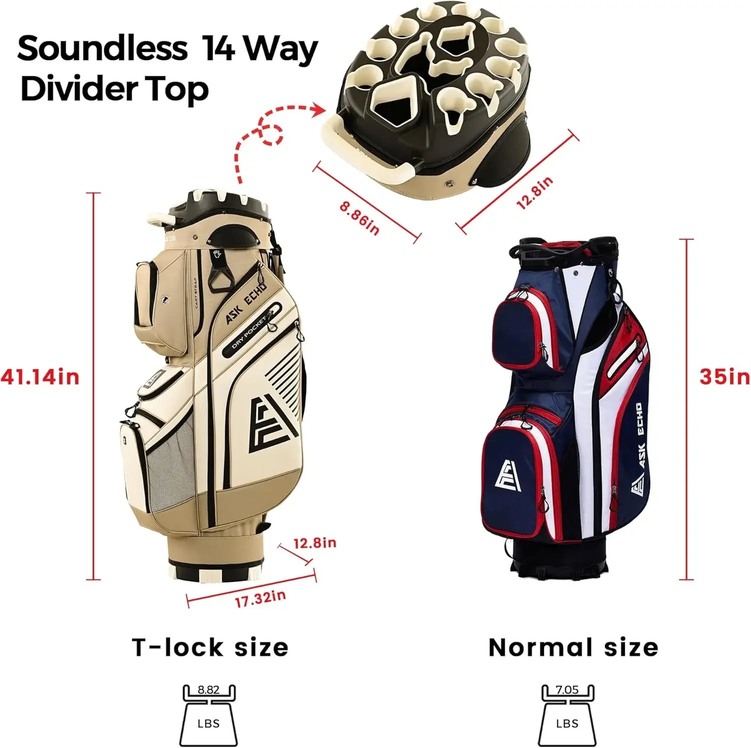 2024 T-Lock Golf Cart Bag with 14 Way Organizer Divider Top, with Handles and Rain Cover