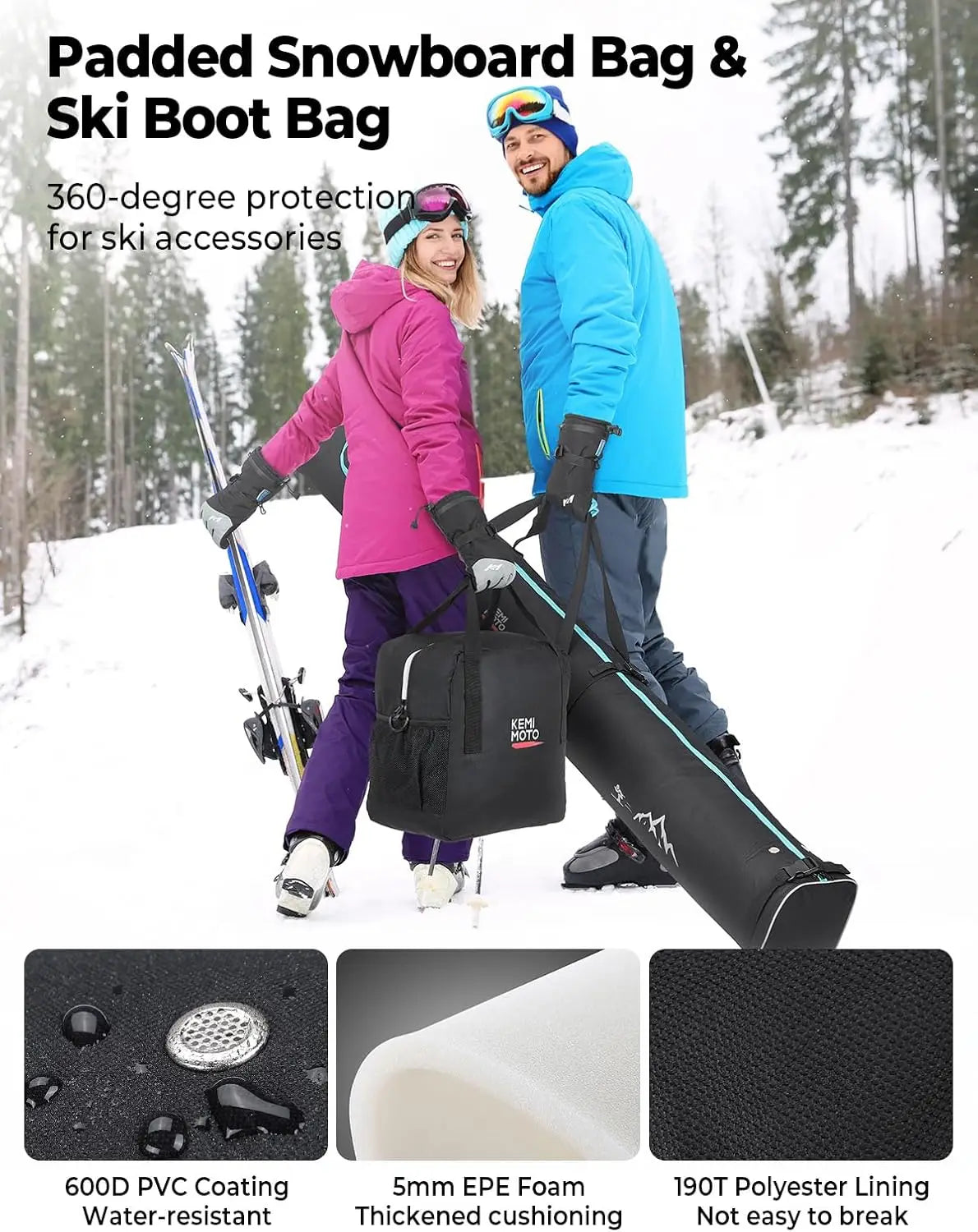 Ski & Boot Bag Combo, Padded Ski Travel Bags for Skis Up to 200cm