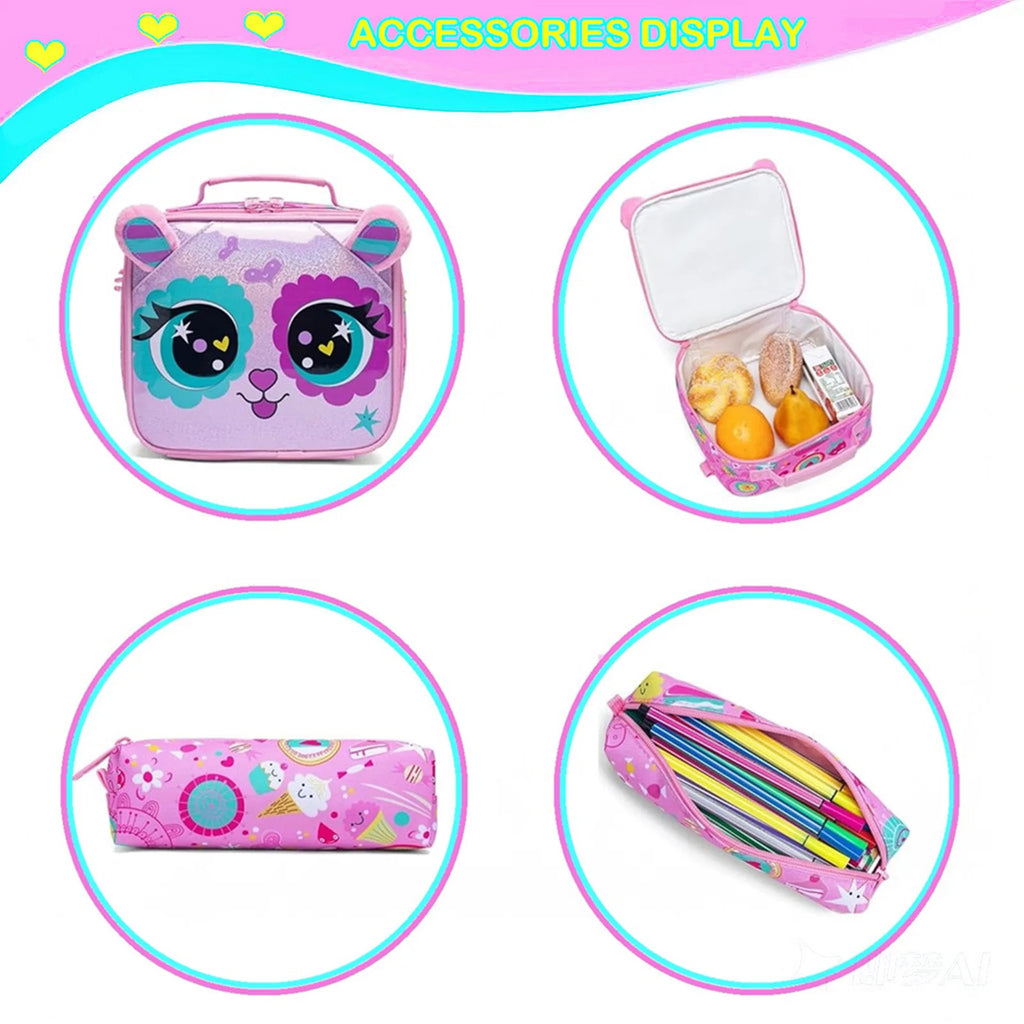 3PCS School Backpack for Kids Cute Animal Print Backpack with Lunch Bag Large Capacity Lightweight Bookbag