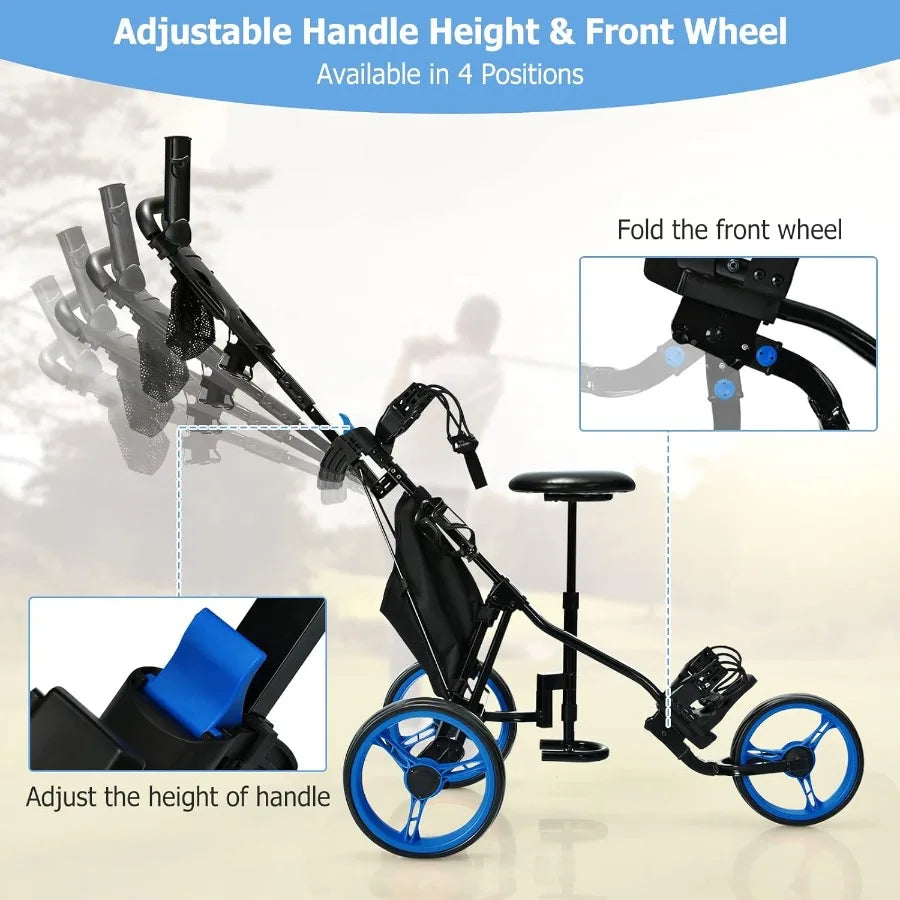 Foldable Golf Push Cart in Navy Blue with Sturdy Steel Frame for Easy Transport and Storage Adjustable Height Handlebar for Com