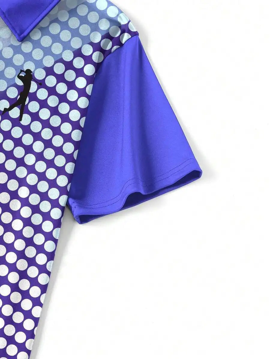 Men's Blue Gradient Polka Dot Golf Polo Shirt, Short Sleeve, Casual Sportswear