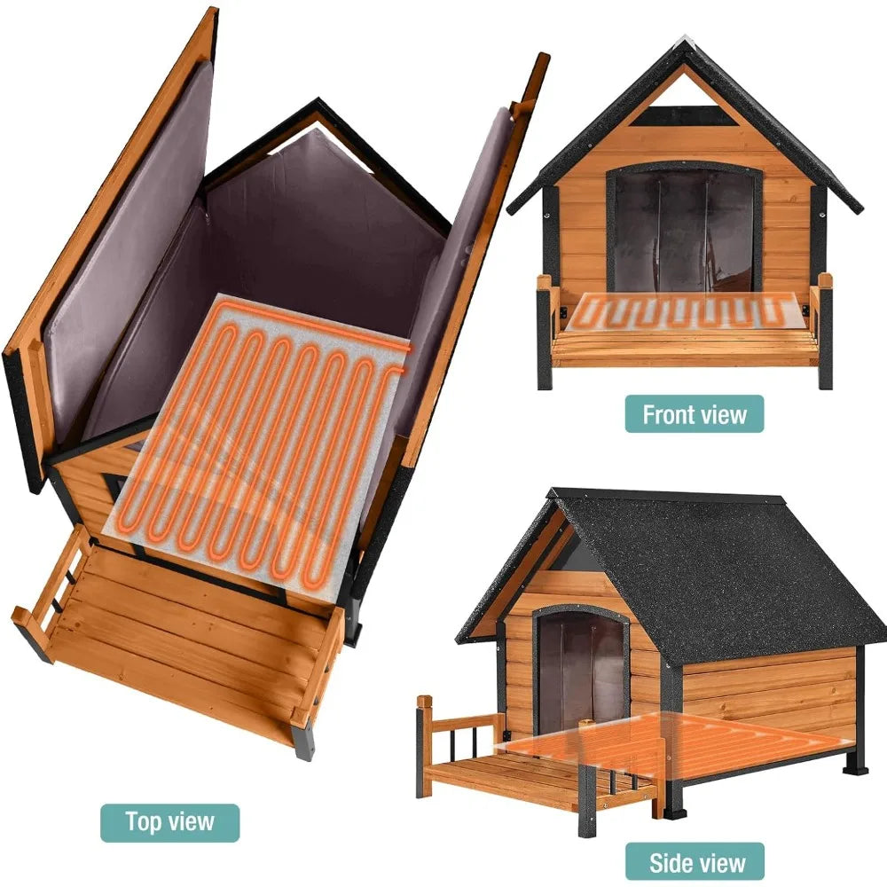 Insulated Dog House with Heating Pad, Weatherproof Outdoor Chew-Resistant Iron Frame & Asphalt Roof