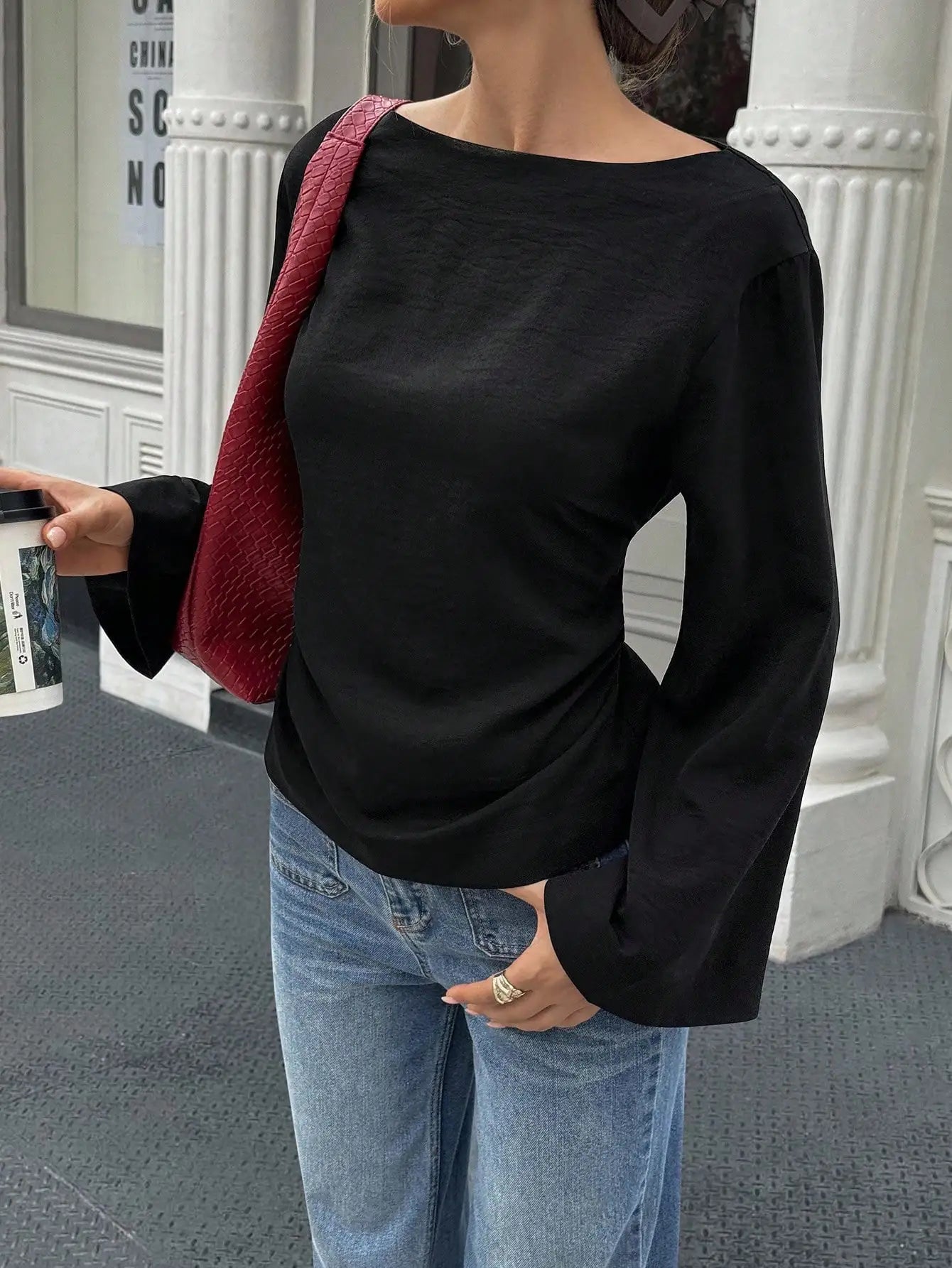 Women's Solid Black Waist-Cinched Flare Sleeve Blouse for Autumn