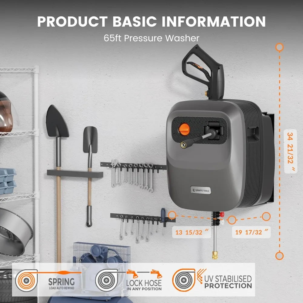 2500 PSI Retractable Pressure Washer, 2.2 GPM Wall Mounted with 65FT Hose Reel & 5 Nozzles