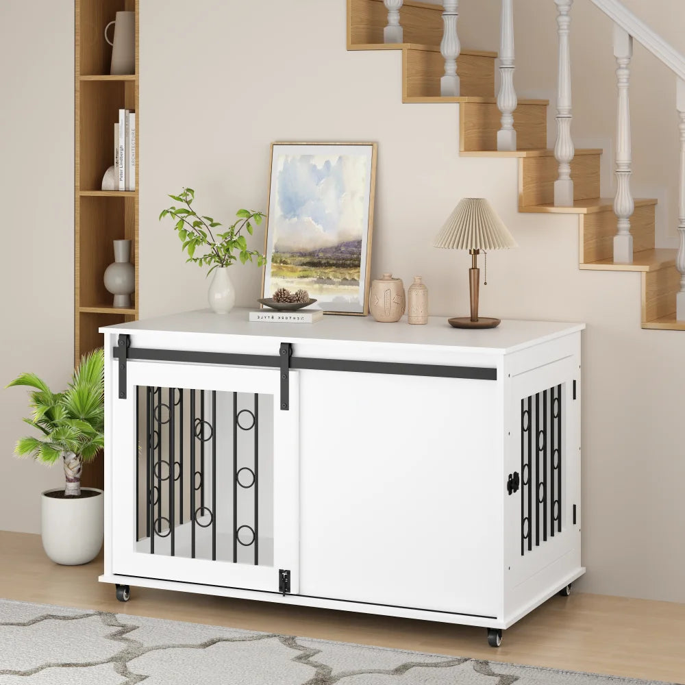 Modern Wooden Dog Crate Furniture with Sliding Barn Door and Side Door, Indoor Dog Kennel