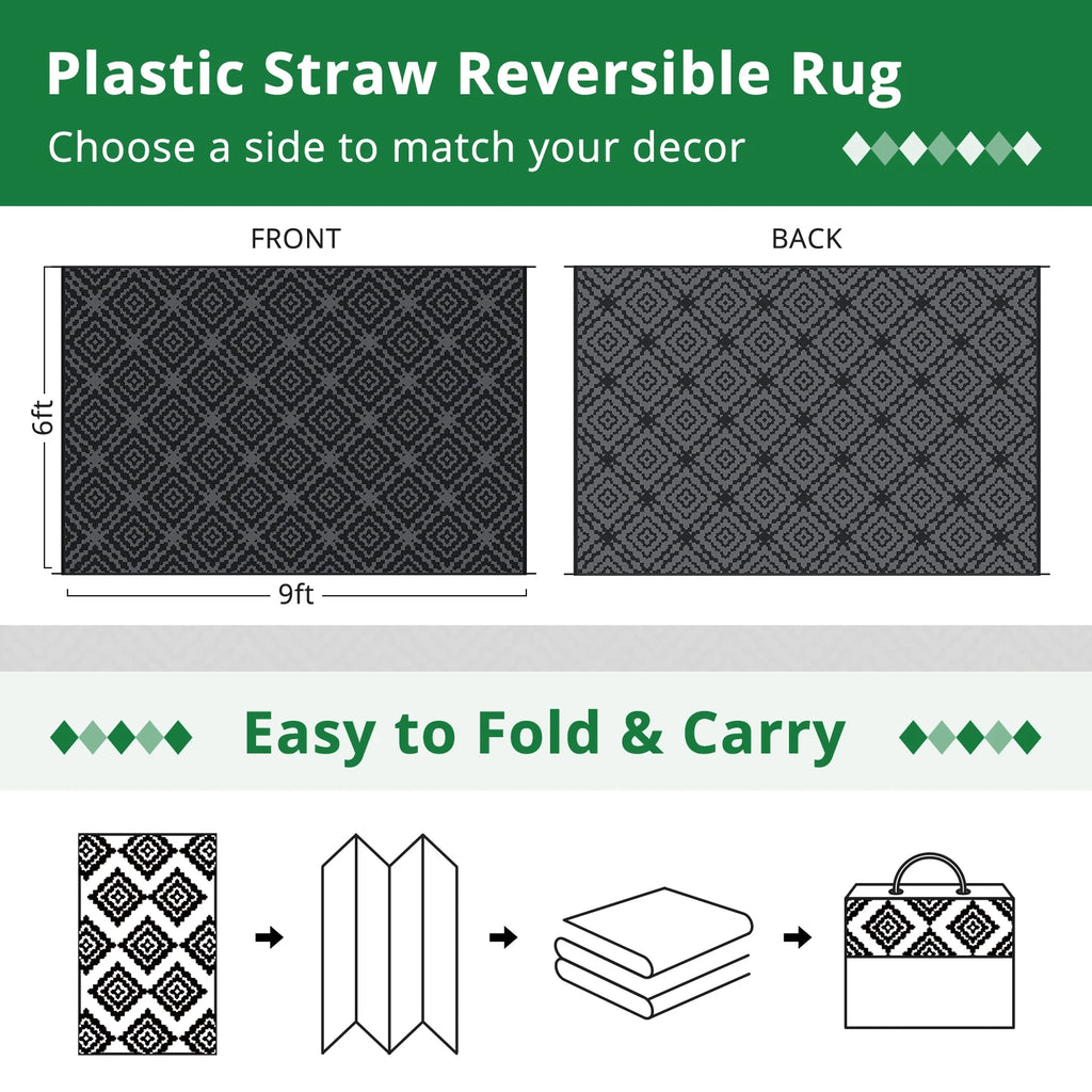 Camping Rug Waterproof 6x9FT Reversible Stain&UV Resistant Plastic Straw with Portable Bag&4 Stakes