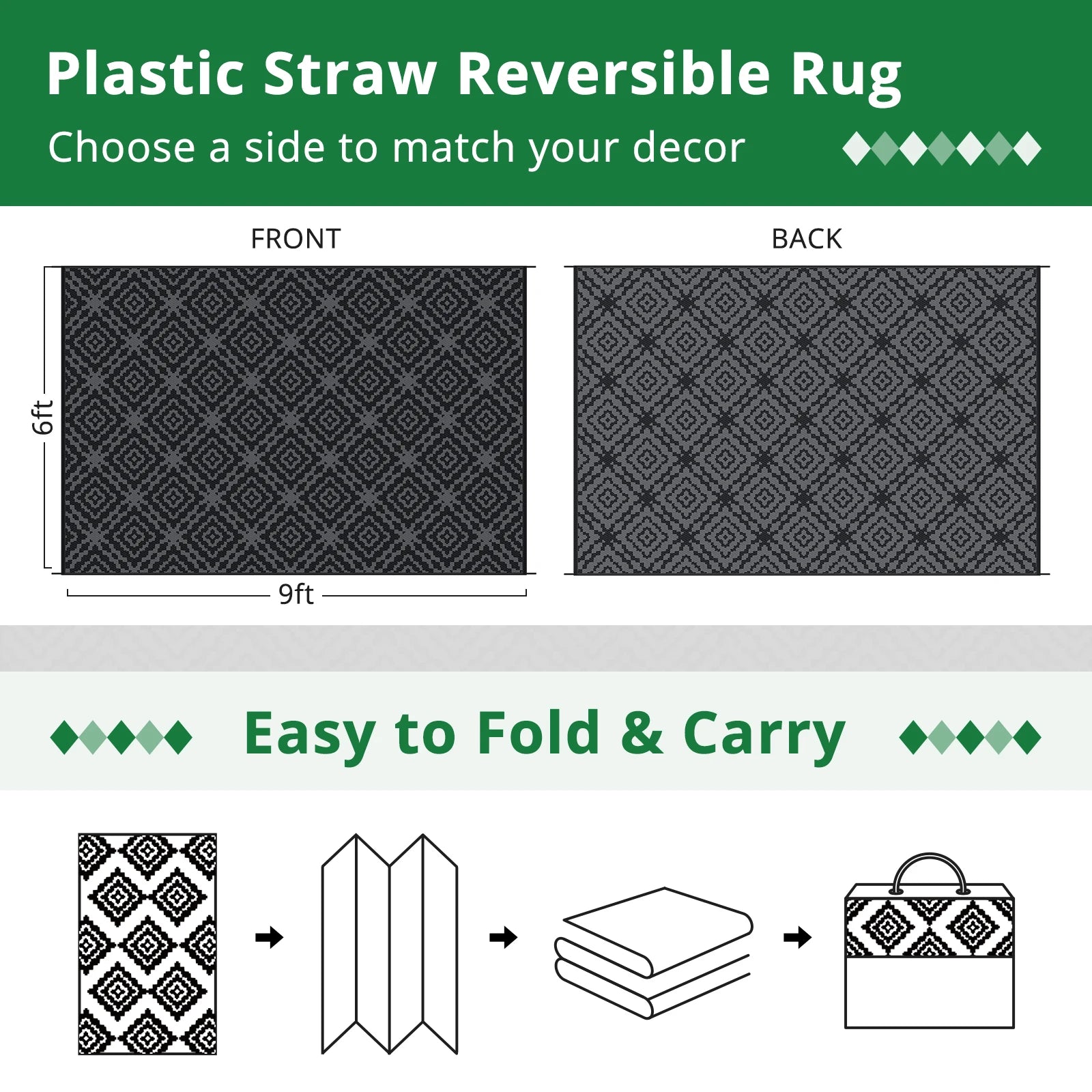 Camping Rug Waterproof 6x9FT Reversible Stain&UV Resistant Plastic Straw with Portable Bag&4 Stakes
