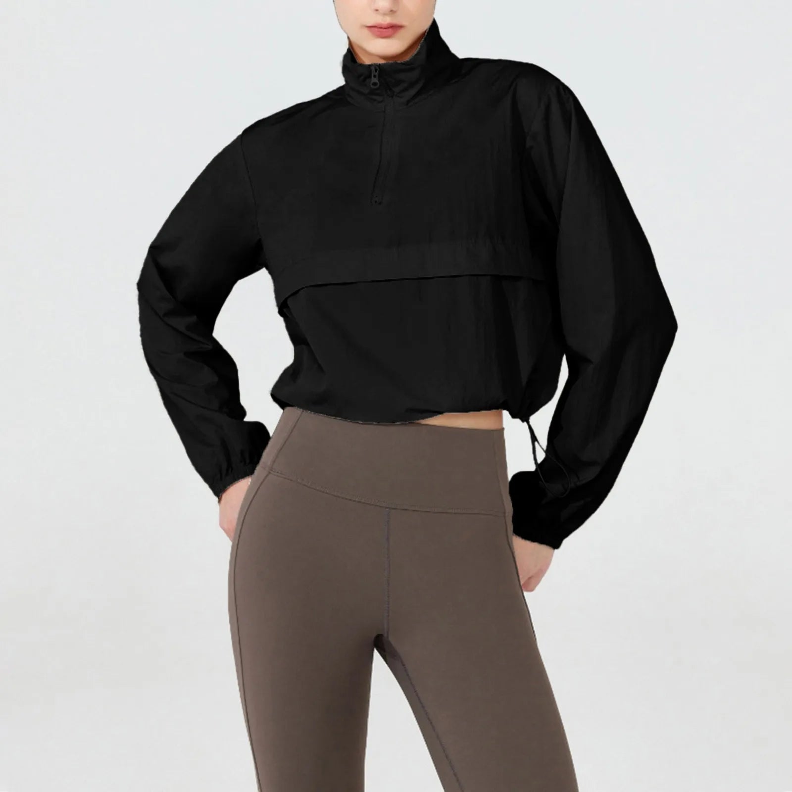 Women Autumn Windproof Waterproof Jacket Uv Resistant Fitness Running Sporty Jacket Stand Up Collar Drawstring Quick Drying Tops