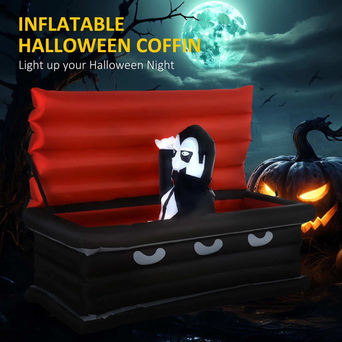 70.75"W Inflatable Halloween Vampire Coffin Anchored Outdoor Display W/ Led