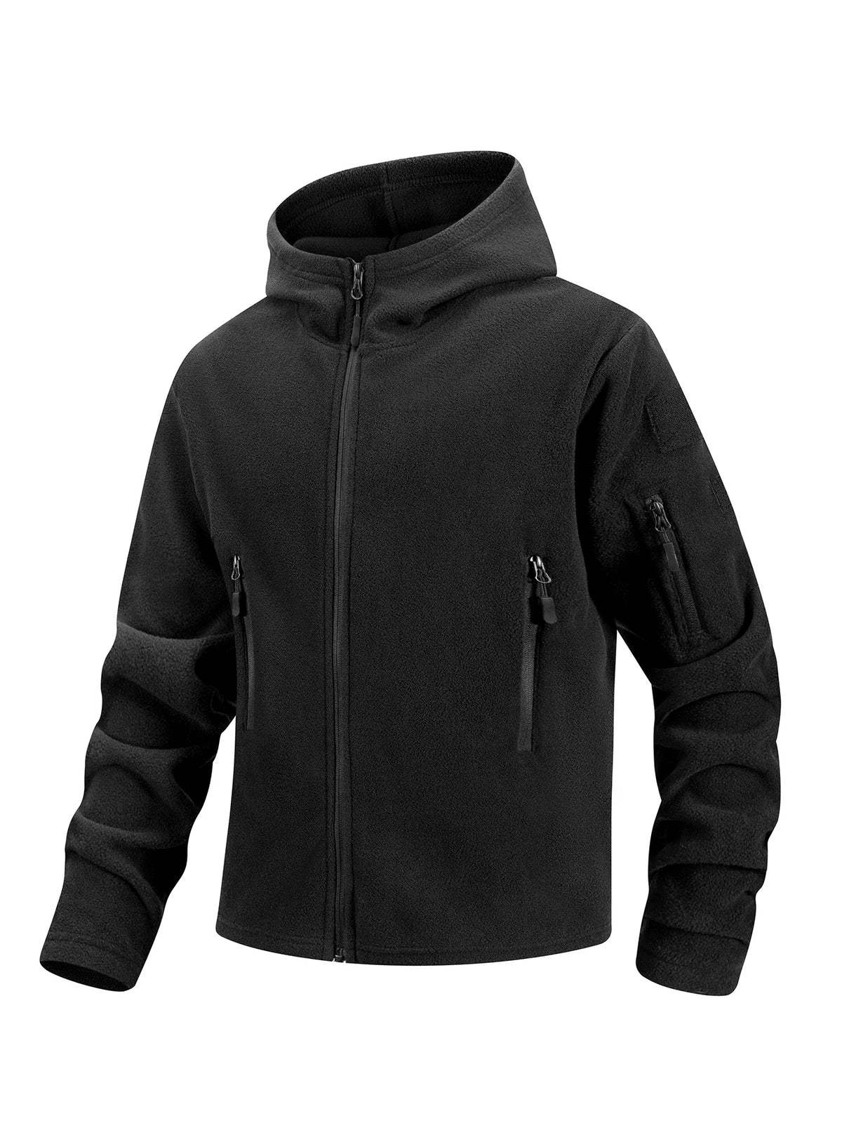Men Fleece Hooded Jacket Full Zip Hoodie Multi Zipper Pockets Hook & Loop Patch Panel Coat Outdoor