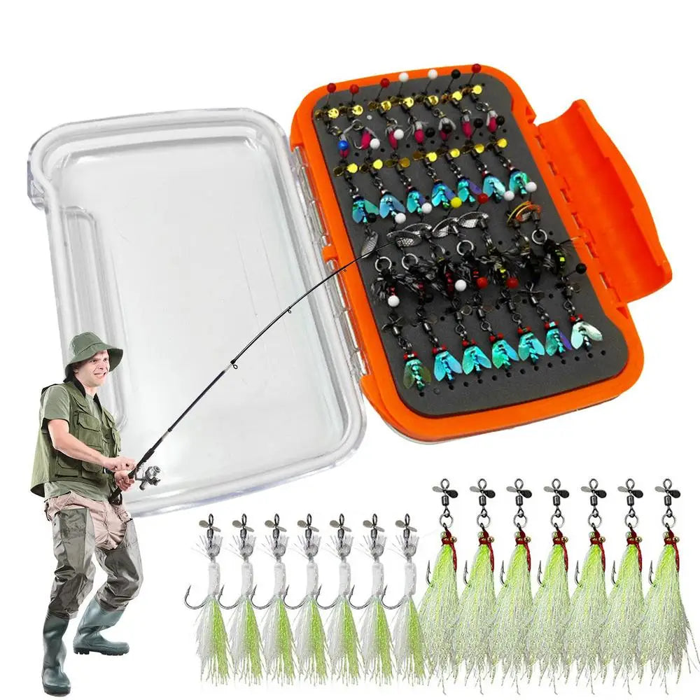 42pcs/set Ice Fishing Jigs Kit Simulated Fishing Fly Hook Set Lifelike Double Layer Fly Fishing Lure Box