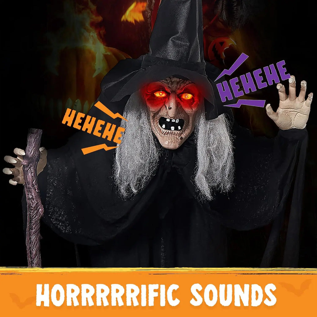 72" Animatronics Witch Outdoor Halloween Decorations with Cane Life Size with Creepy Sound and Light-up Eyes, Party Supplies