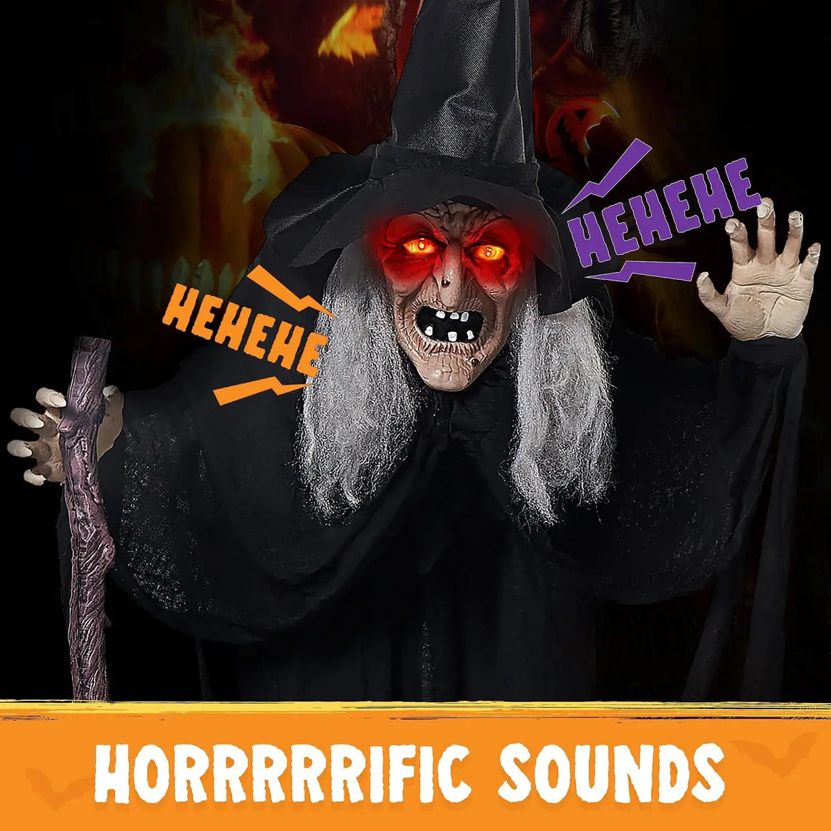 72" Animatronics Witch Outdoor Halloween Decorations with Cane Life Size with Creepy Sound and Light-up Eyes, Party Supplies