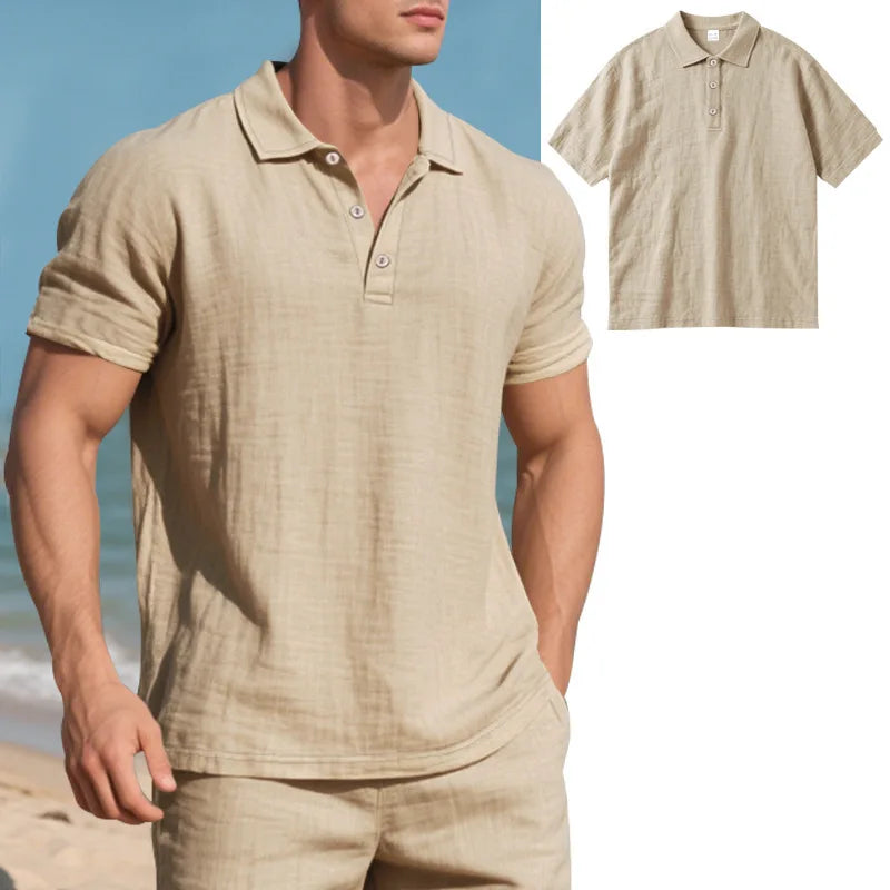 Men s Casual Short Sleeve Linen Shirt with Lapel Collar and Button Detail - Lightweight