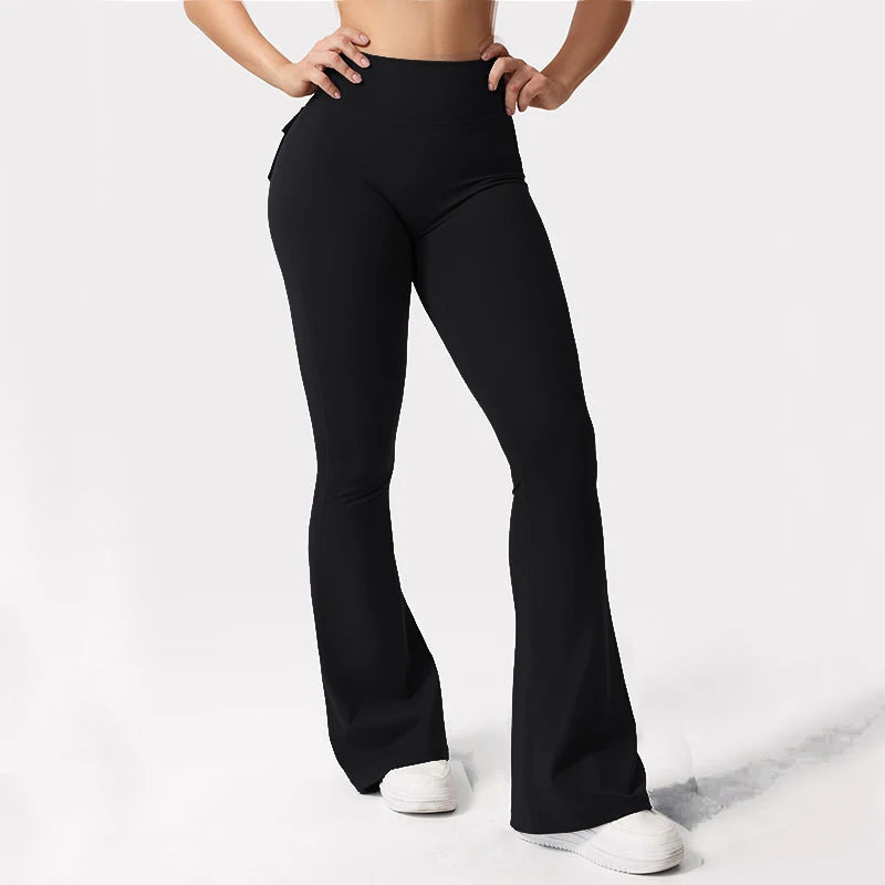 Women's Yoga Flare Trousers, High-Waisted Tummy-Control Wide-Leg Trousers Outdoor with Pockets
