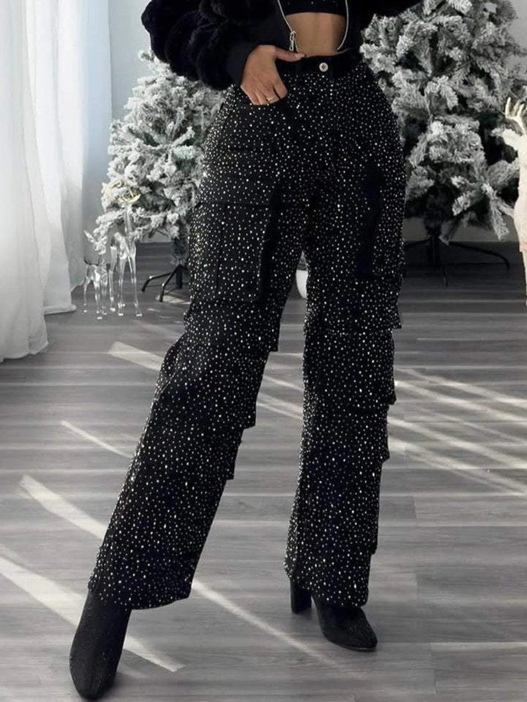 Waist Black Rhinestone Multi-Pocket Work Jeans, Street Style, Straight Jeans
