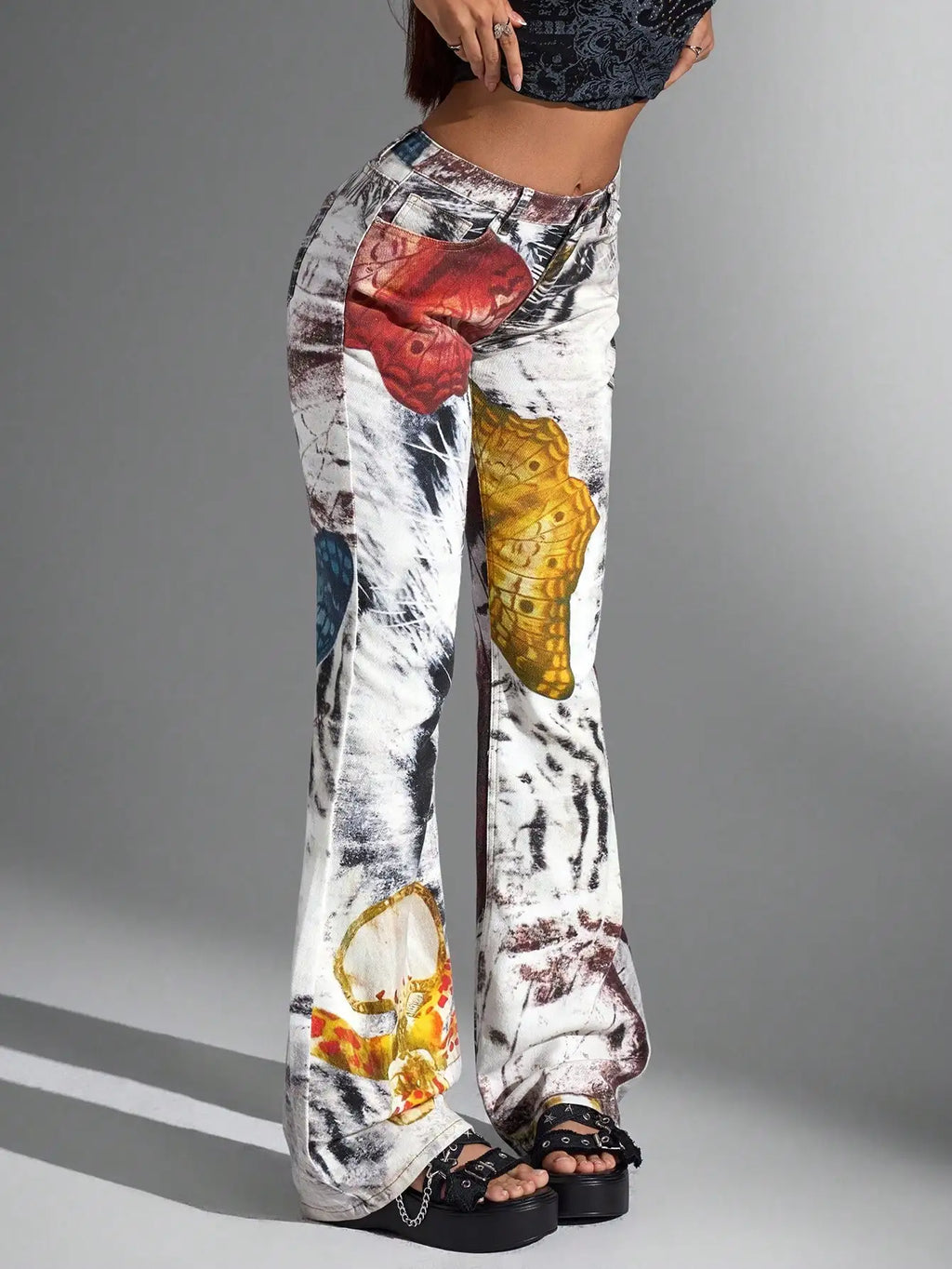 Y2K Butterfly Print Flared Denim Jeans Vintage Streetwear Graphic Pants