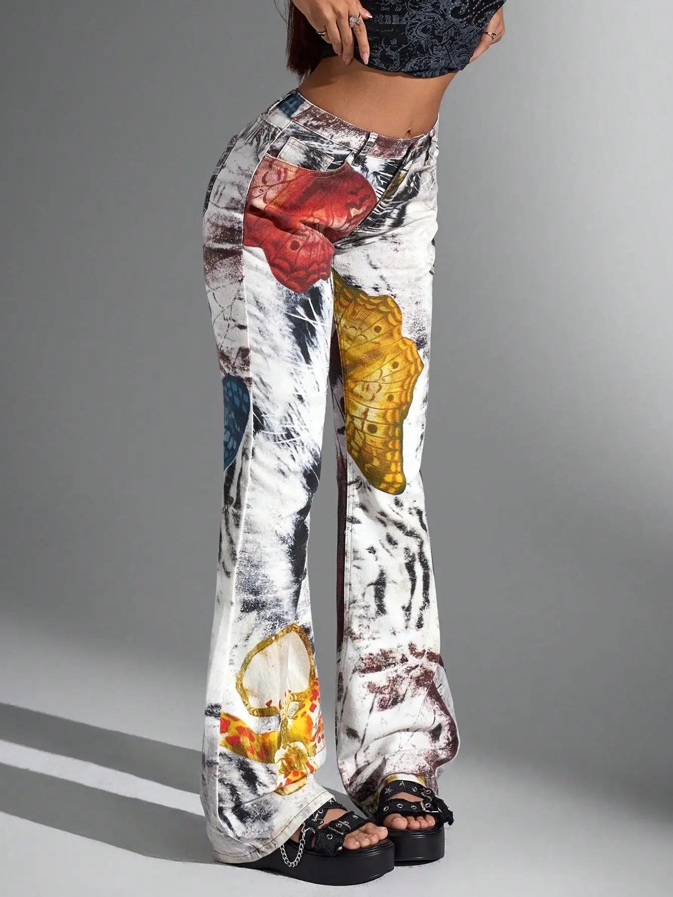 Y2K Butterfly Print Flared Denim Jeans Vintage Streetwear Graphic Pants