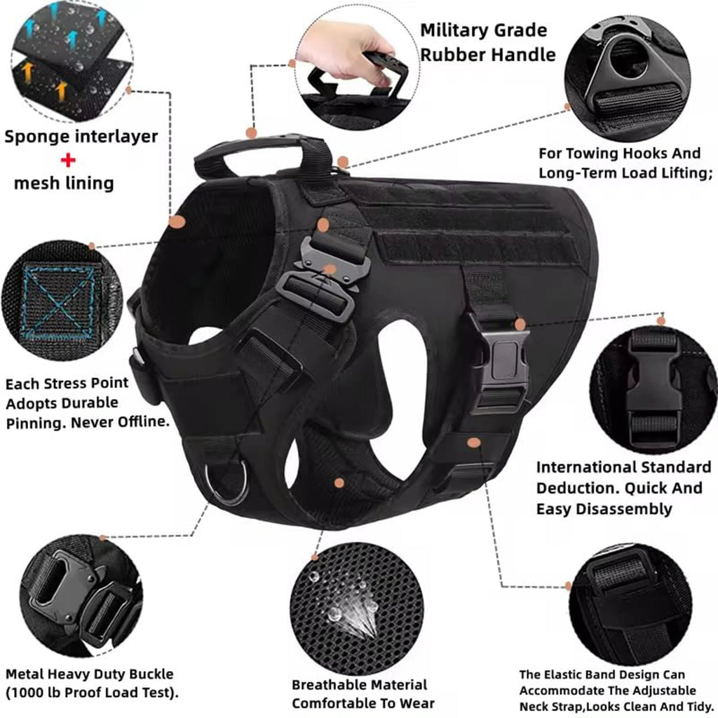 Tactical Dog Harness Collar Leash Molle Pouches For Medium Large Dogs Pet