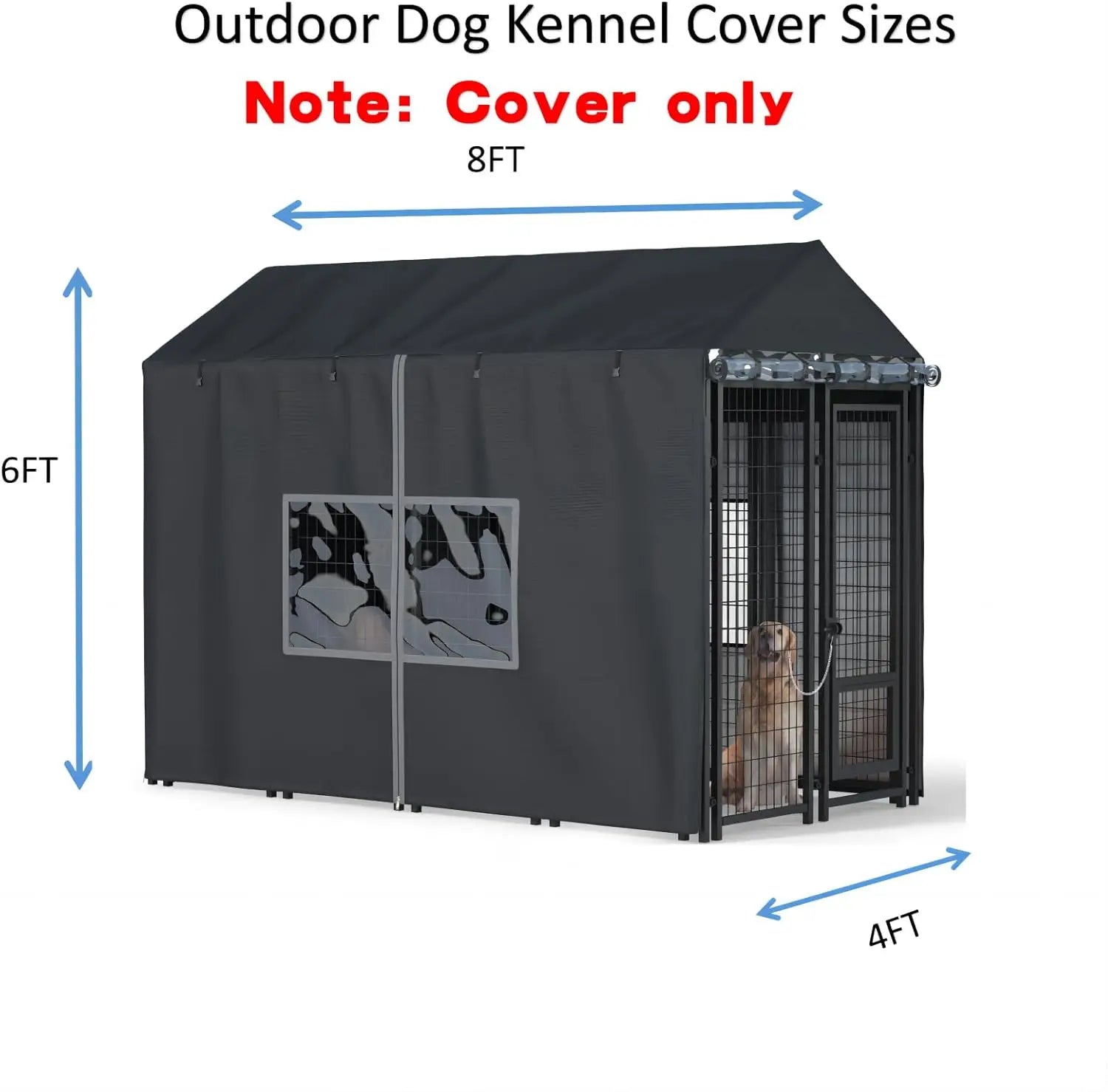 Outdoor Dog Kennel Cover - Full Coverage for 8'Dx4'Wx6'H Dog Cages, 600D Heavy Duty Waterproof Kennel Cover