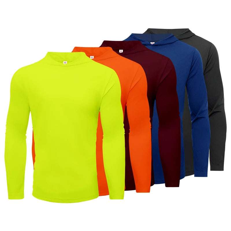 5pcs Men's T-shirt Sports Long Sleeved Shirts Hooded Solid Color Breathable Casual Shirt Suitable