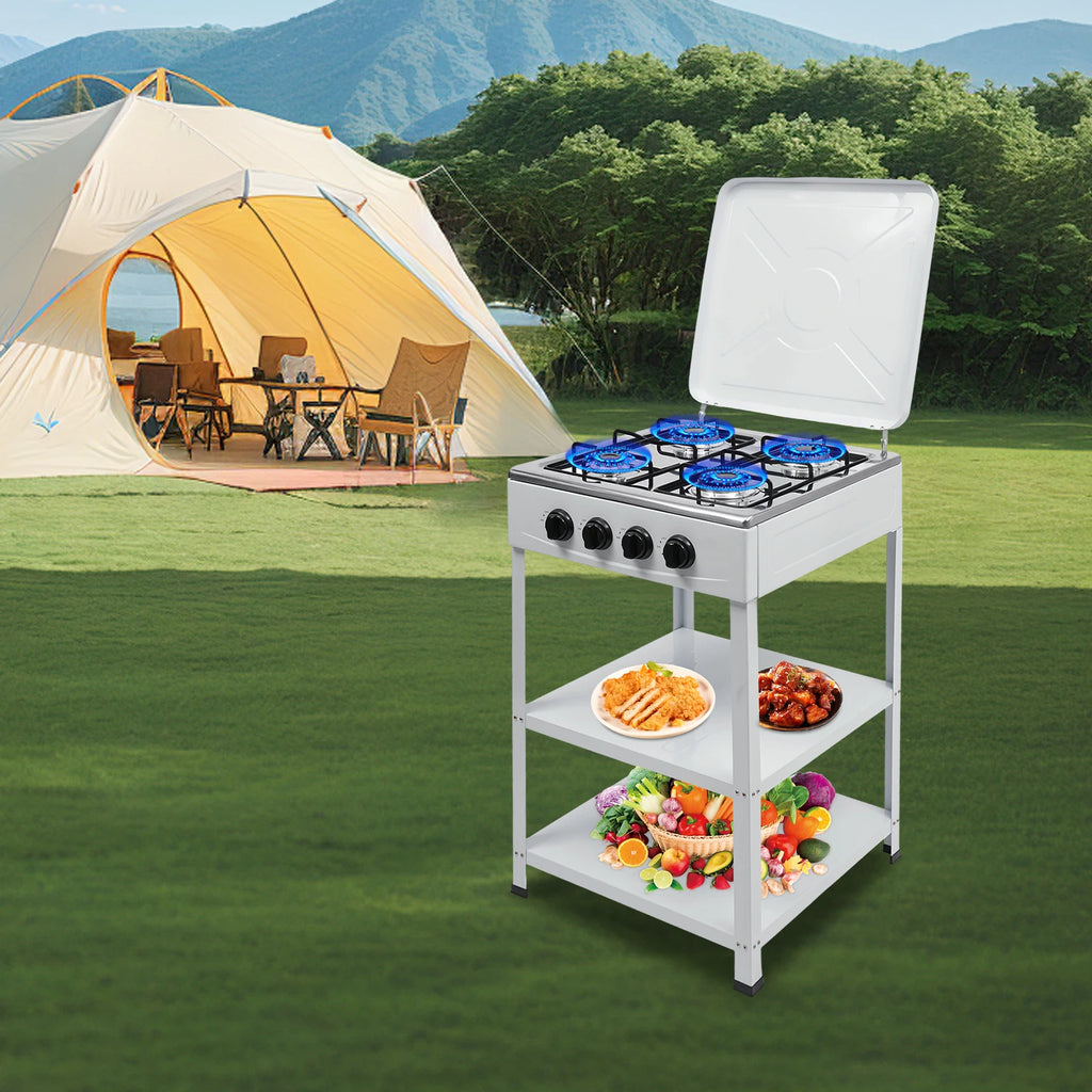 4-Burner Propane Gas Stove with Storage Shelves Iron Gas Camping Stove Portable Gas Stove for Family Camping Outdoor Activities