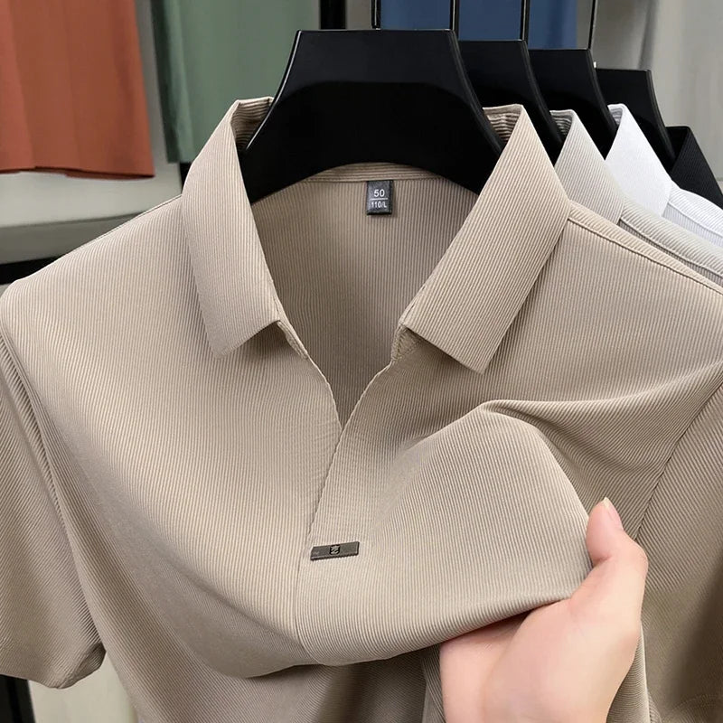 2025 New Men's Casual and Solid Color Short Sleeved Polo Shirt Comfortable