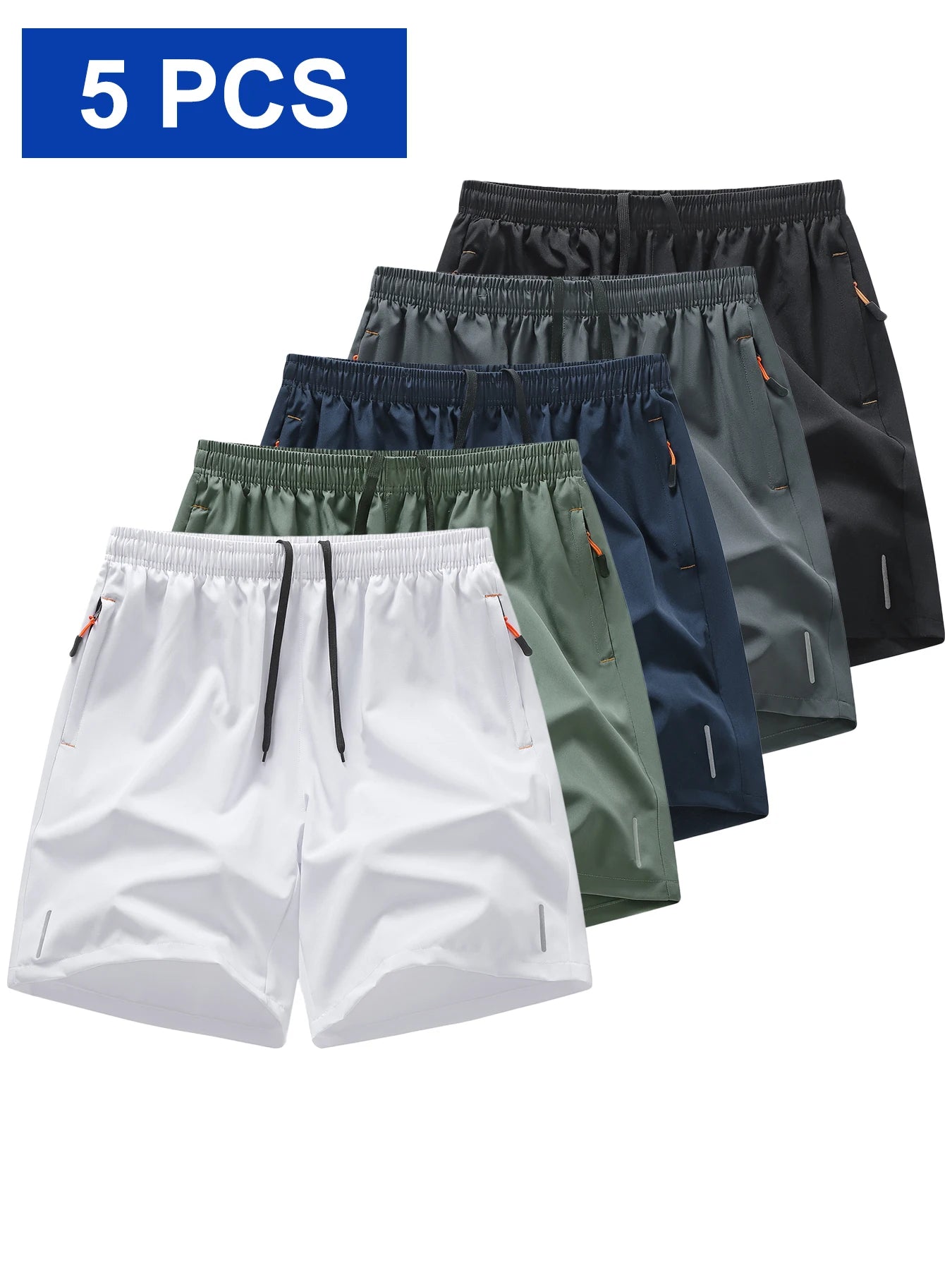 5 pairs of men's casual sports shorts - wrinkle-resistant polyester blend, adjustable drawstring waistband