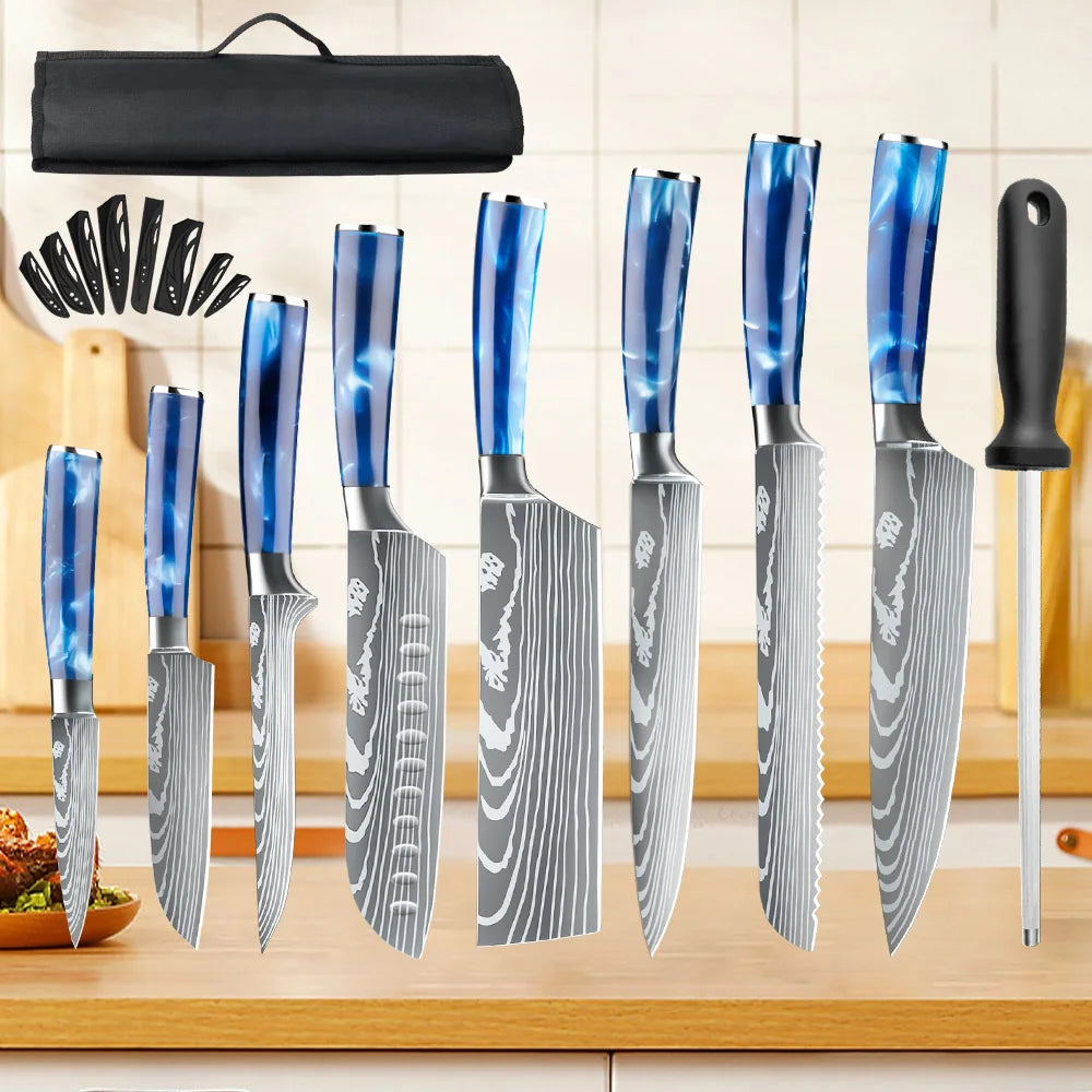 8PCS Resin Handle Carbon Steel Chef Knives Meat Cleaver Fruit Vegetable Slicing