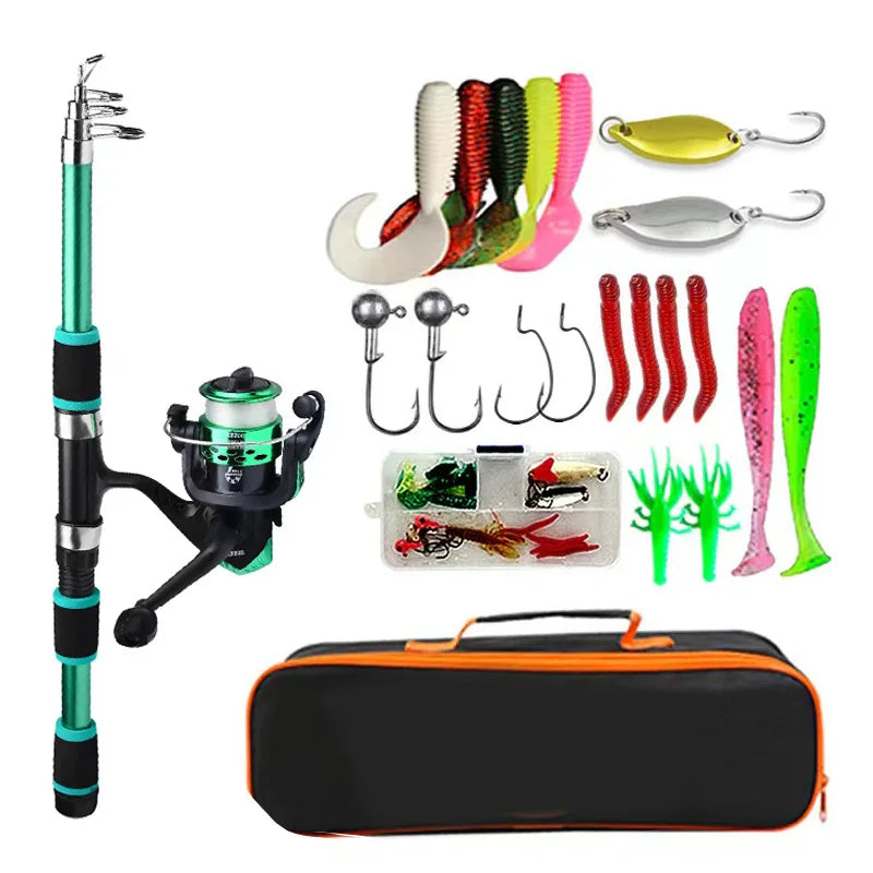 Fishing Pole Set With Telescopic Fishing Rod And Spinning Reel Baits Hooks Travel Pole Set